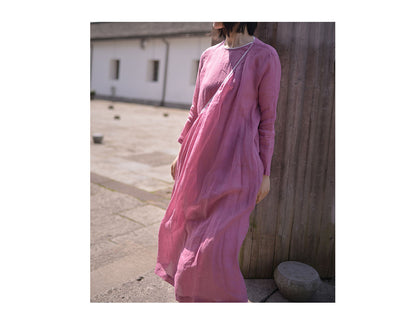 edoa Hot Pink Asymmetrical Washed Ramie Long Tie Dress 