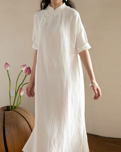 edoa Half Sleeves Silk Linen Blend Qipao