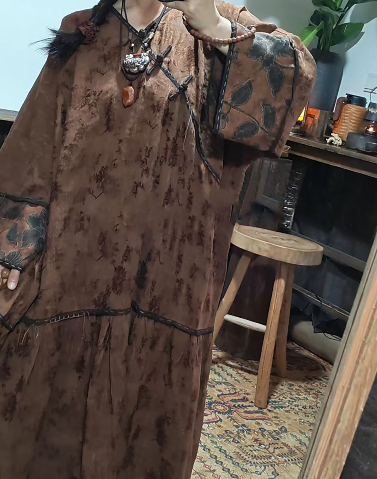 edoa Mud Dyed Silk Linen Blend Jacquard Ruffled Hem Qipao Dress