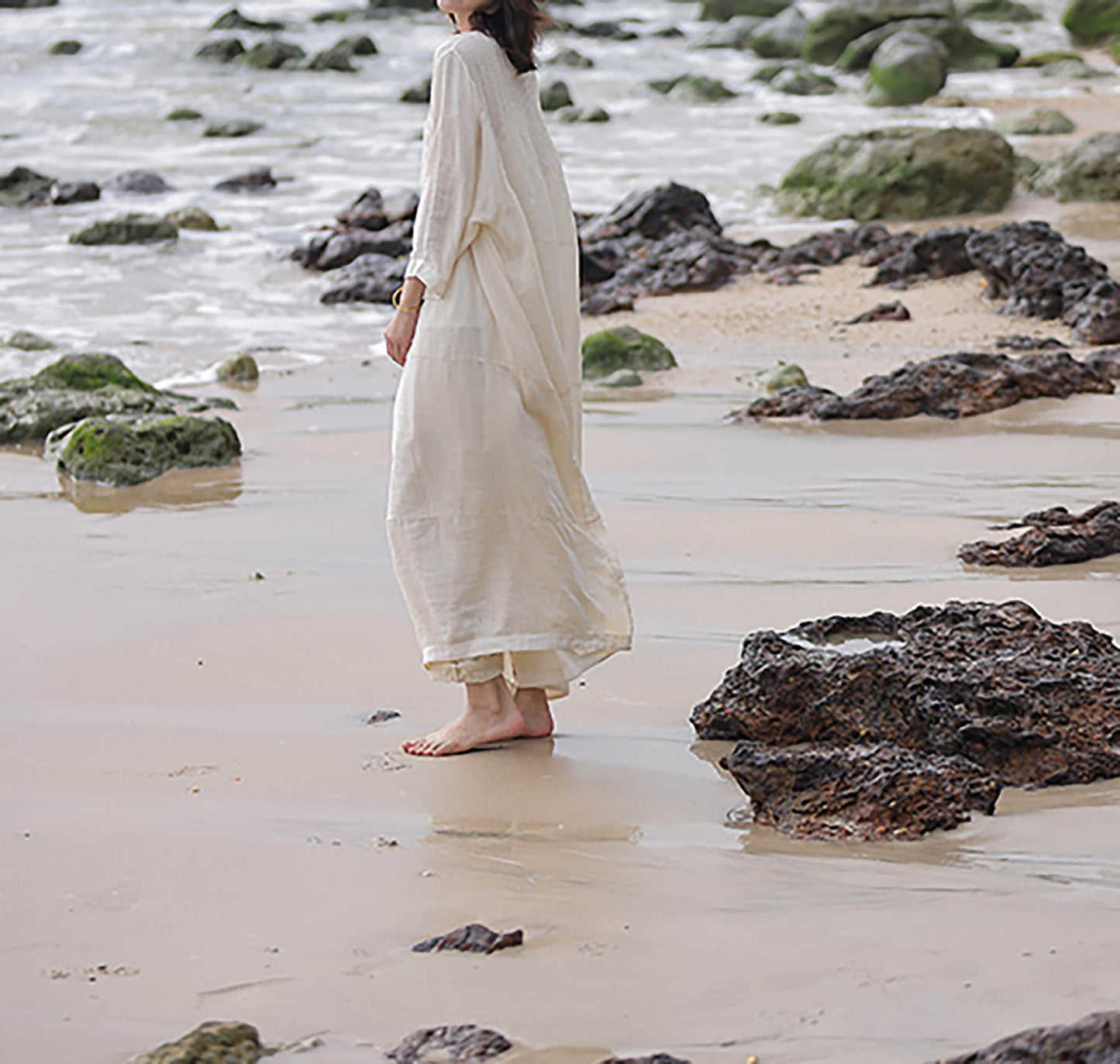 edoa Oversized Hand Pintucked Linen Ankle-length Dress