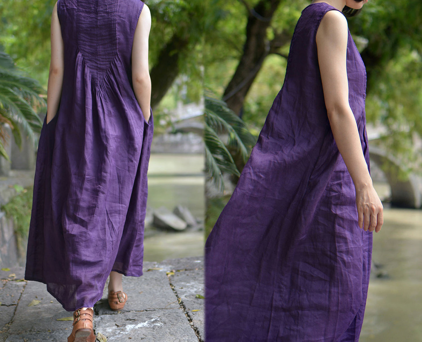 edoa Hand Pintucked Ramie Floor-length Tank Dress 