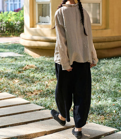 edoa Flax Linen Ruffled Collar Blouse with Pintucks