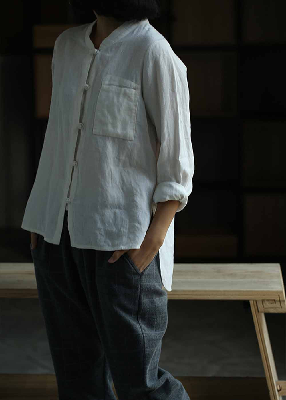 edoa Stand Collar Off White Linen Shirt 