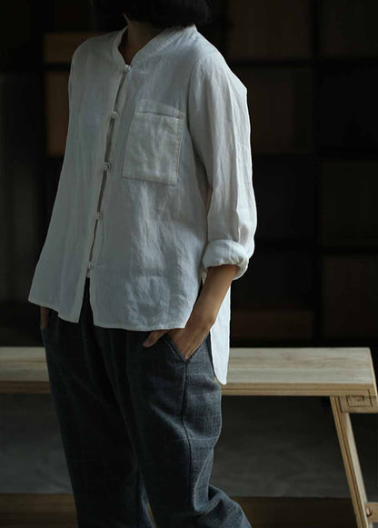edoa Stand Collar Off White Linen Shirt 
