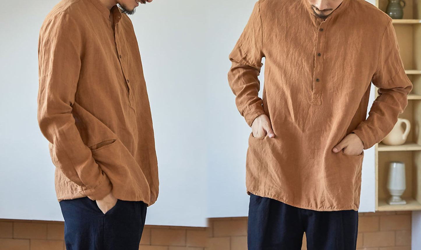 edoa Stand Collar Washed Linen Shirt 