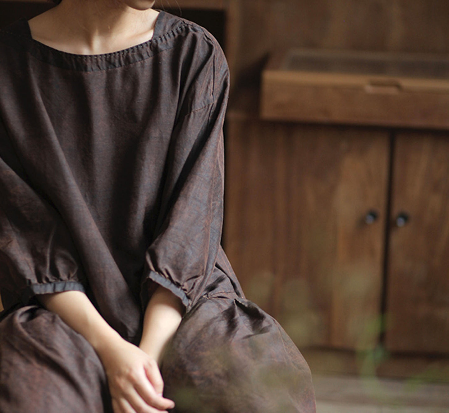 edoa Drop Waist Cracked Mud Silk 3/4 Sleeves Dress 