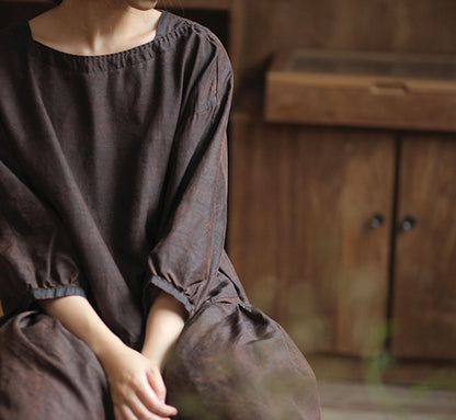 edoa Drop Waist Cracked Mud Silk 3/4 Sleeves Dress 