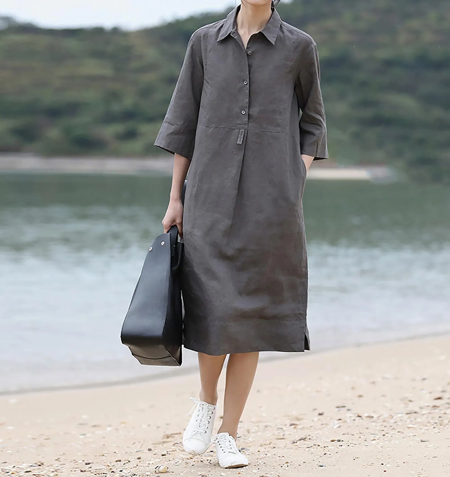 edoa Elegant Linen Midi Shirt Dress 