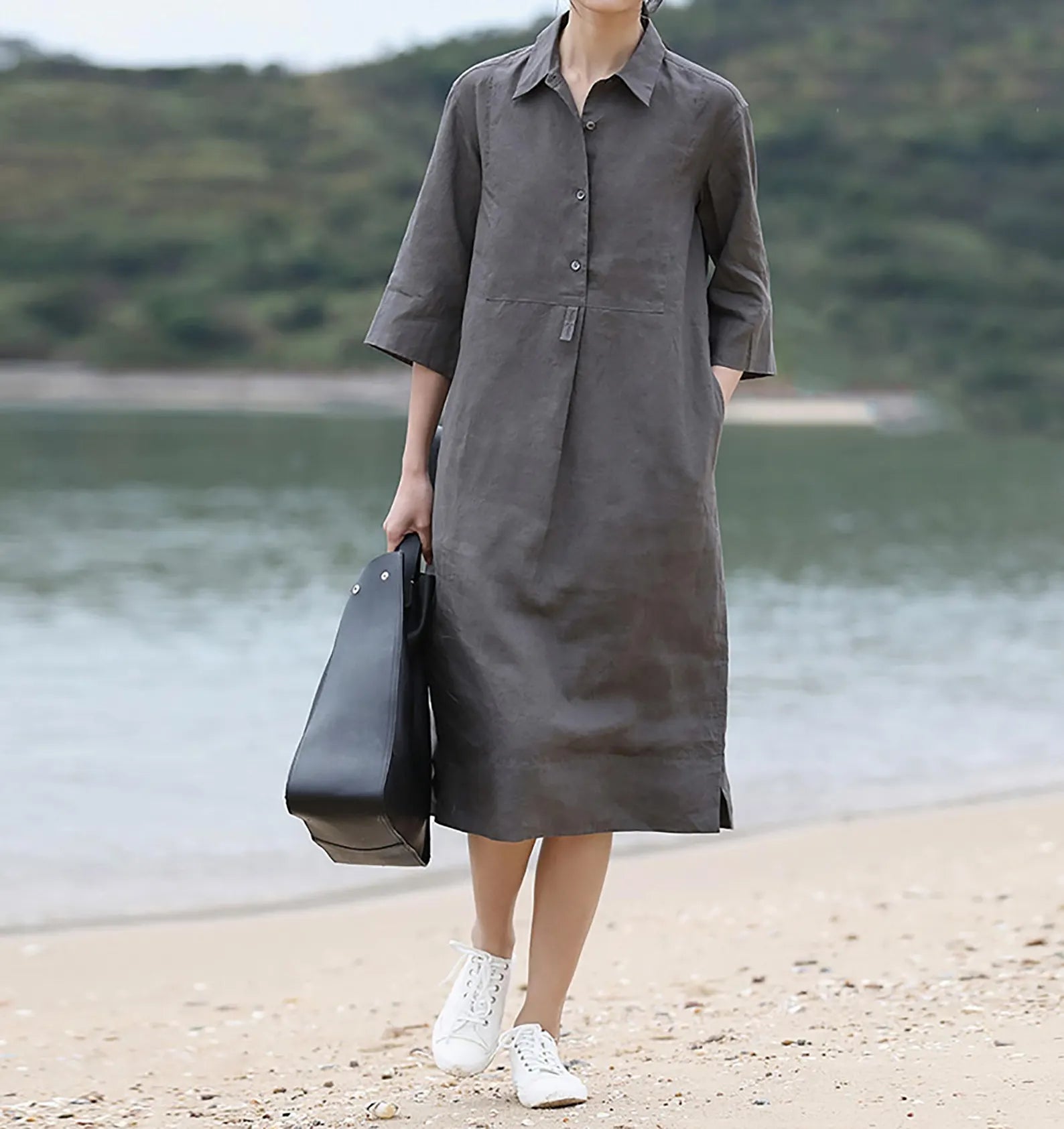 edoa Elegant Linen Midi Shirt Dress 