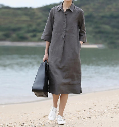 edoa Elegant Linen Midi Shirt Dress 