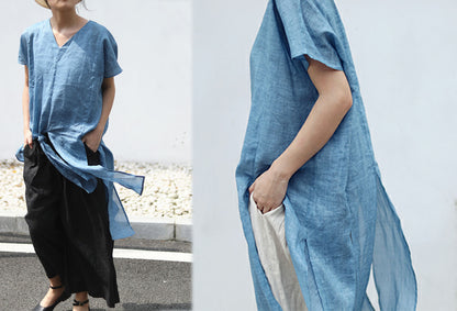 edoa V-neck Ramie Tunic with Joined panels