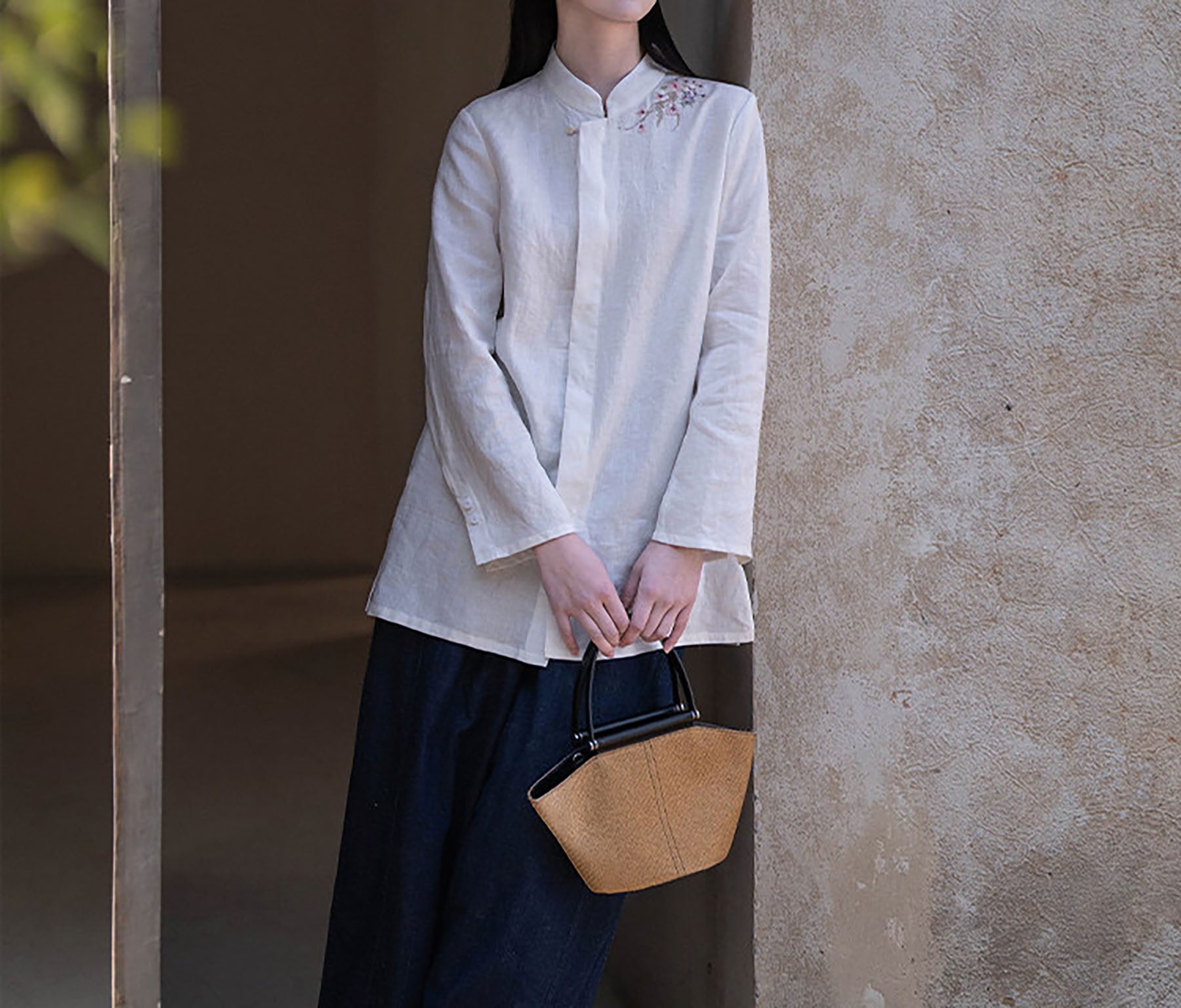 edoa White Linen Chinese Blouse with Hand Embroidery