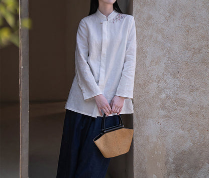 edoa White Linen Chinese Blouse with Hand Embroidery