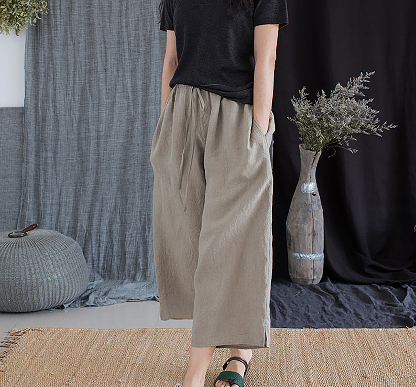 edoa Yarn Dyed French Linen Wide Pants