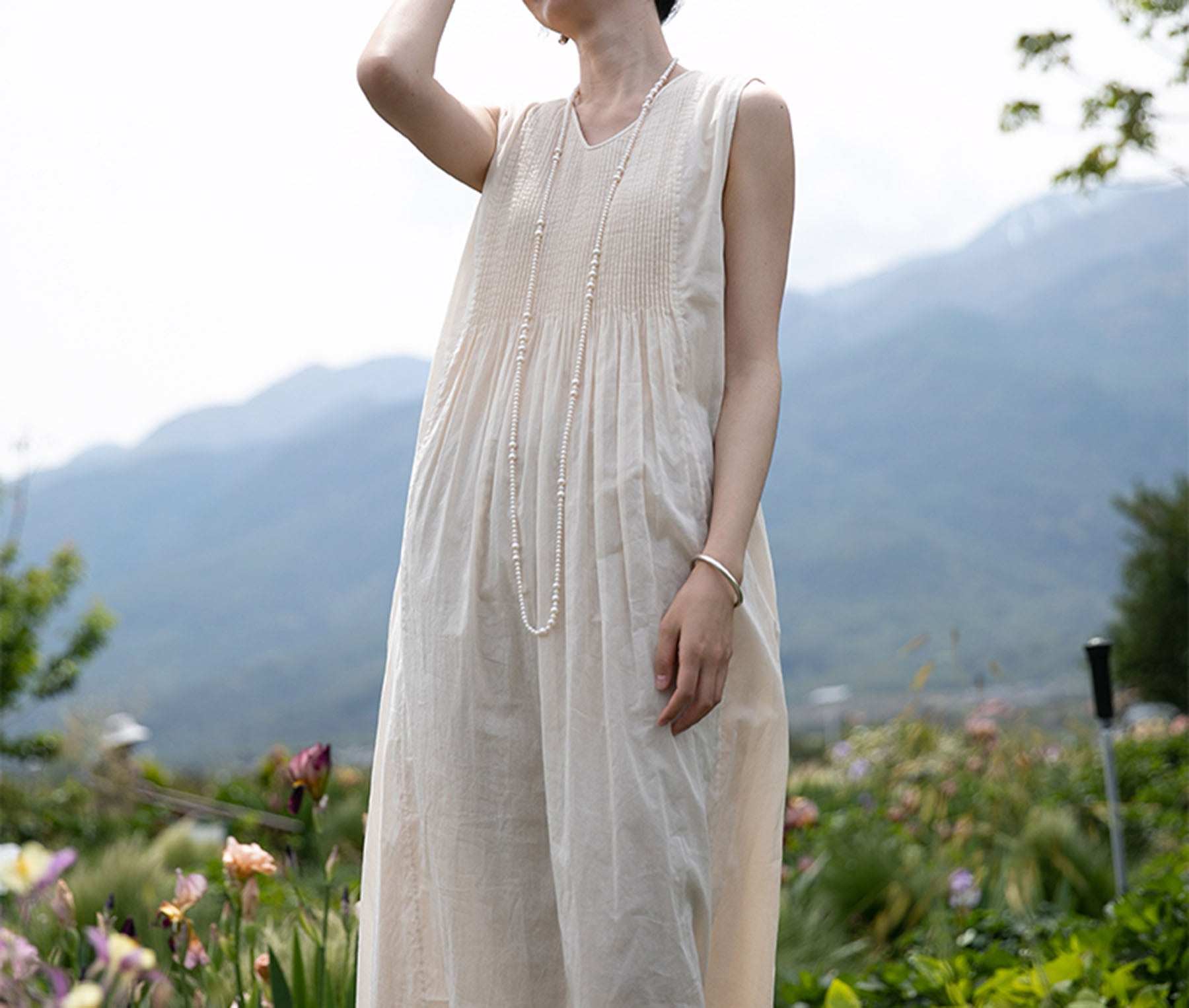 edoa High Count Cotton Pintucked Sleeveless Dress