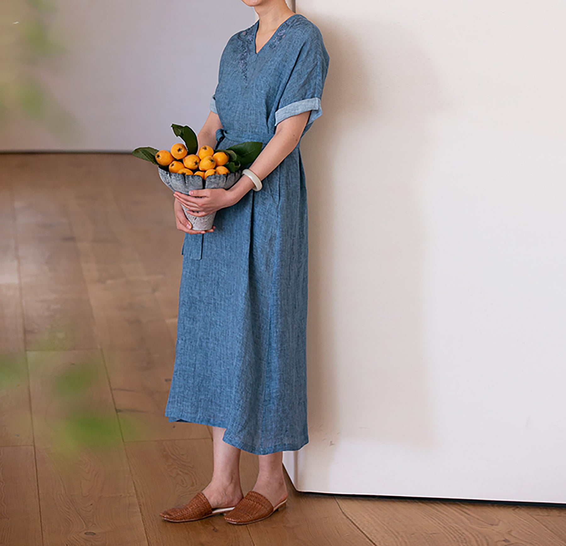 edoa Hand Embroidered Tie Dyed Ramie V-neck Kaftan Dress