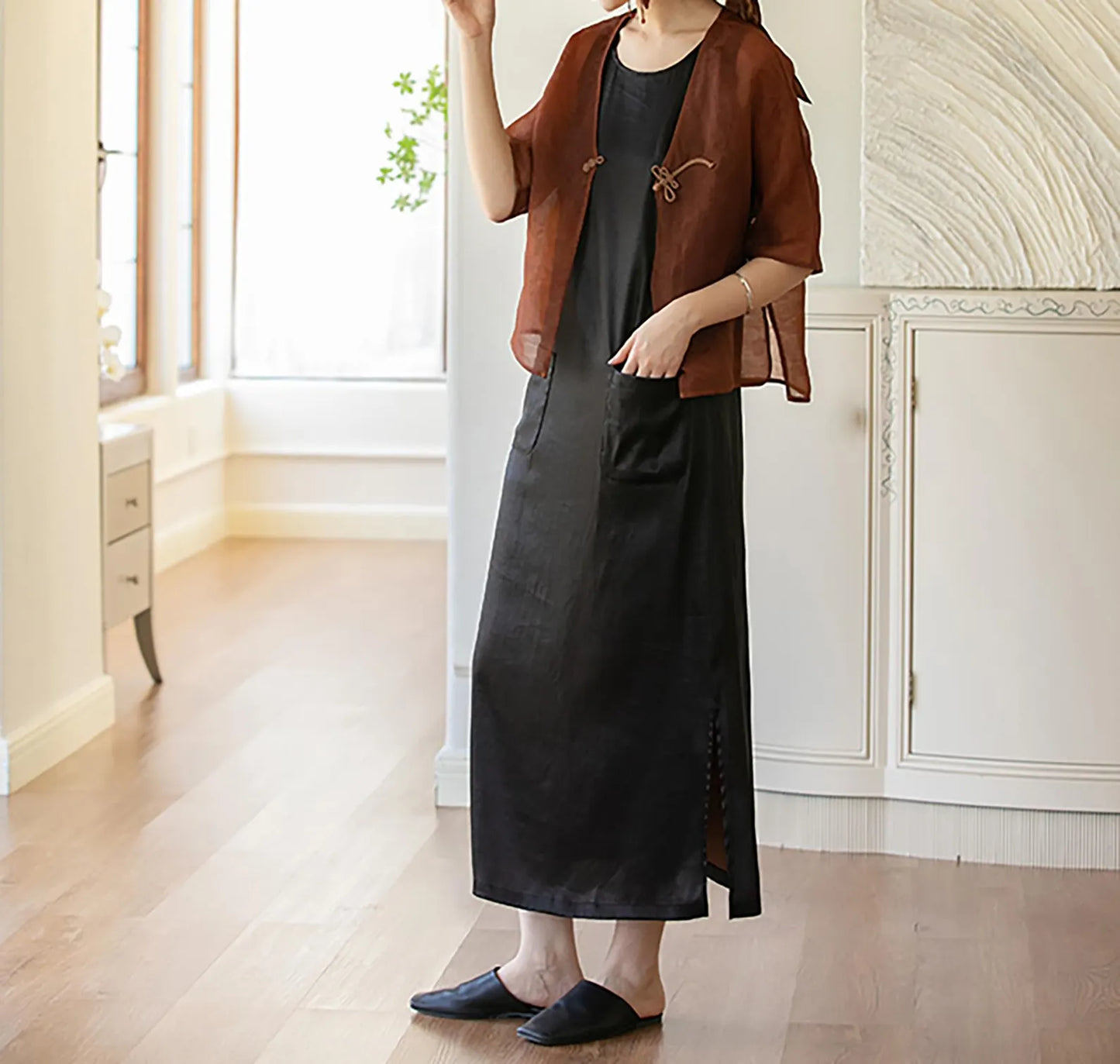 edoa Mud Silk Satin-organza Blazer with Dragonfly Button