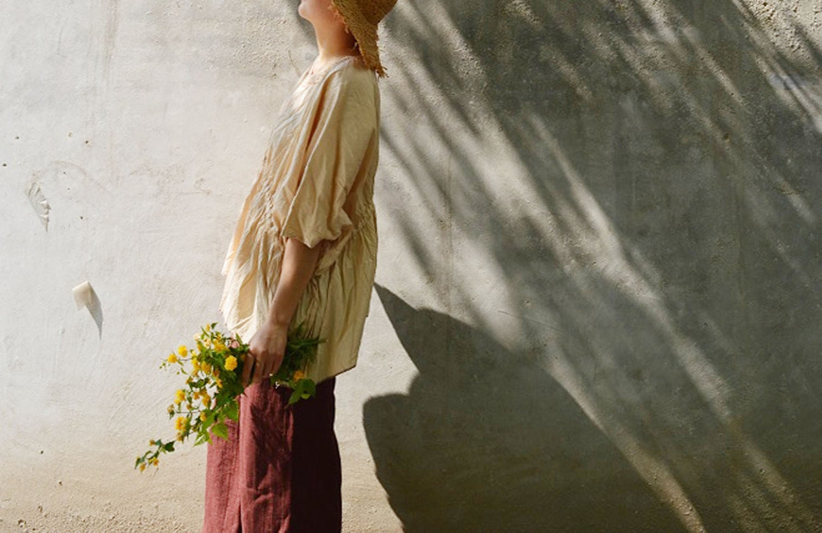 edoa Oversized Dupion Silk Top decored with Hand Embroidery Sashiko
