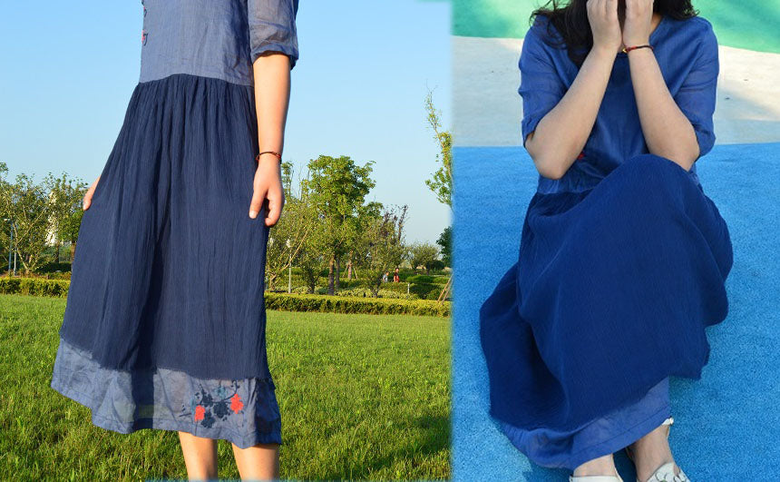edoa Linen Dress with Gathering Silk Crepe