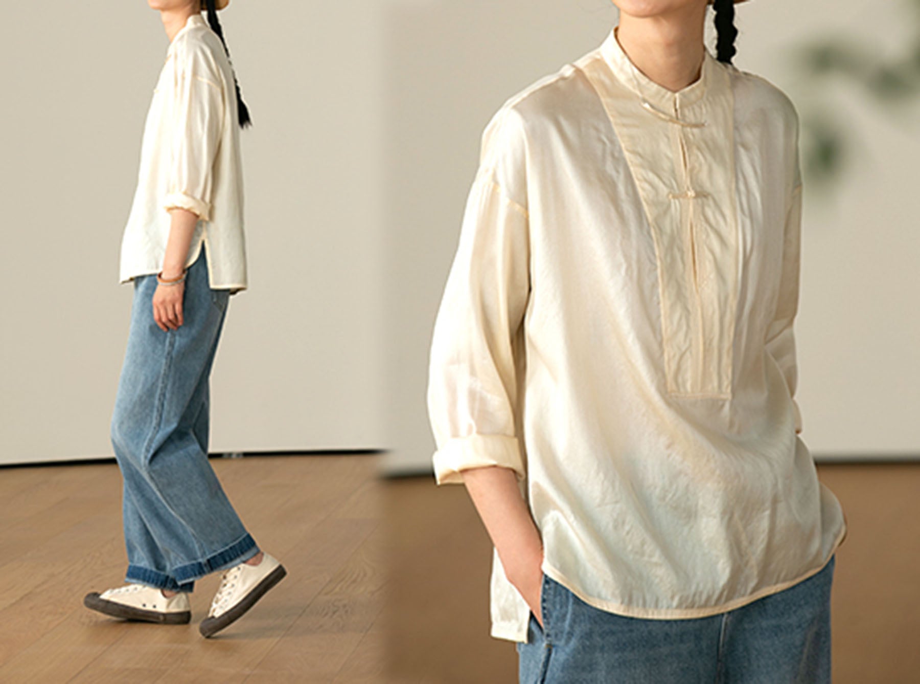 edoa Dupioni Tussah Silk Chinese Blouse