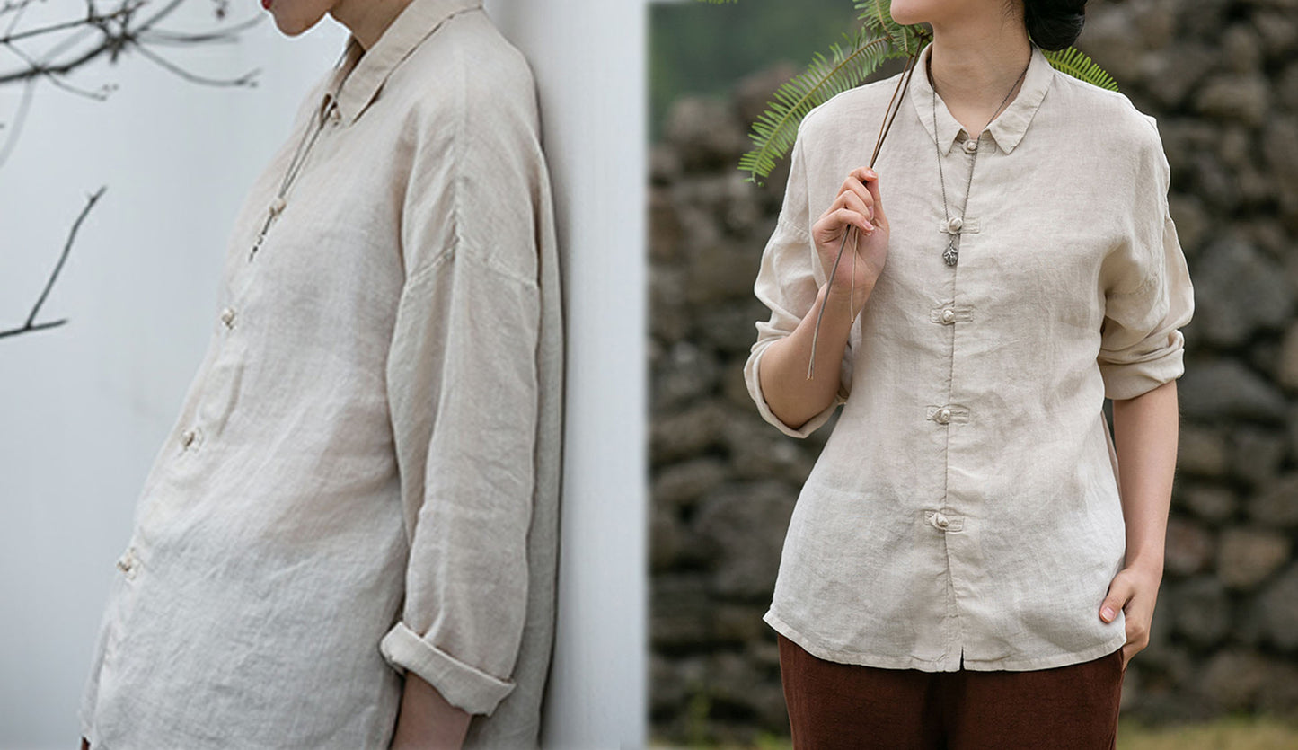 edoa Washed Linen Modified Cheongsam Blouse