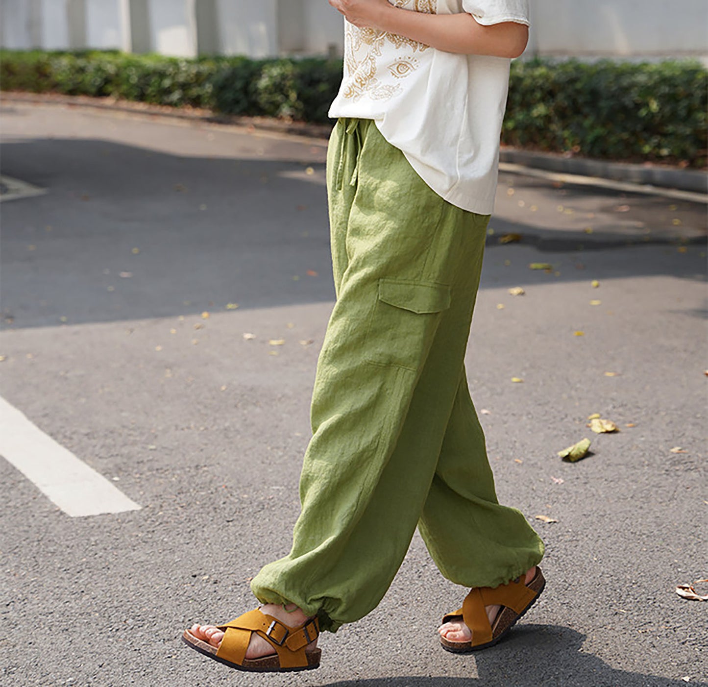 edoa Green Linen Elasticated Drawstring Waist Wide-leg Work Pants
