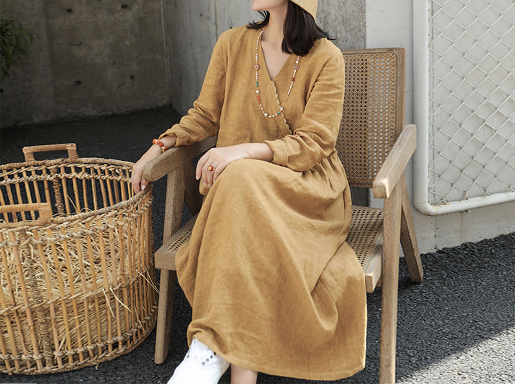 edoa V Neckline Linen Maxi Dress 