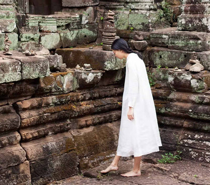 edoa White Ramie Loose Fitting A Line Shirt Dress