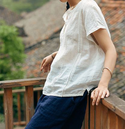 edoa High Count French Linen Short Sleeve Top