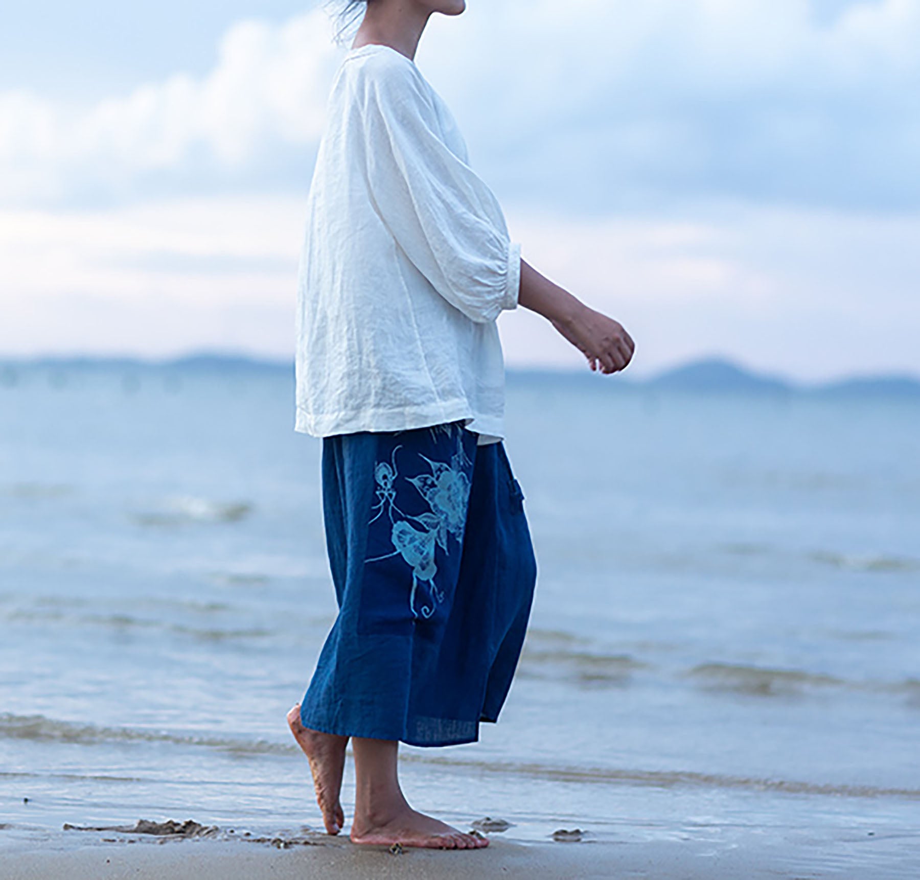 edoa Loose Fitting Linen Lantern Sleeves Gather Blouse