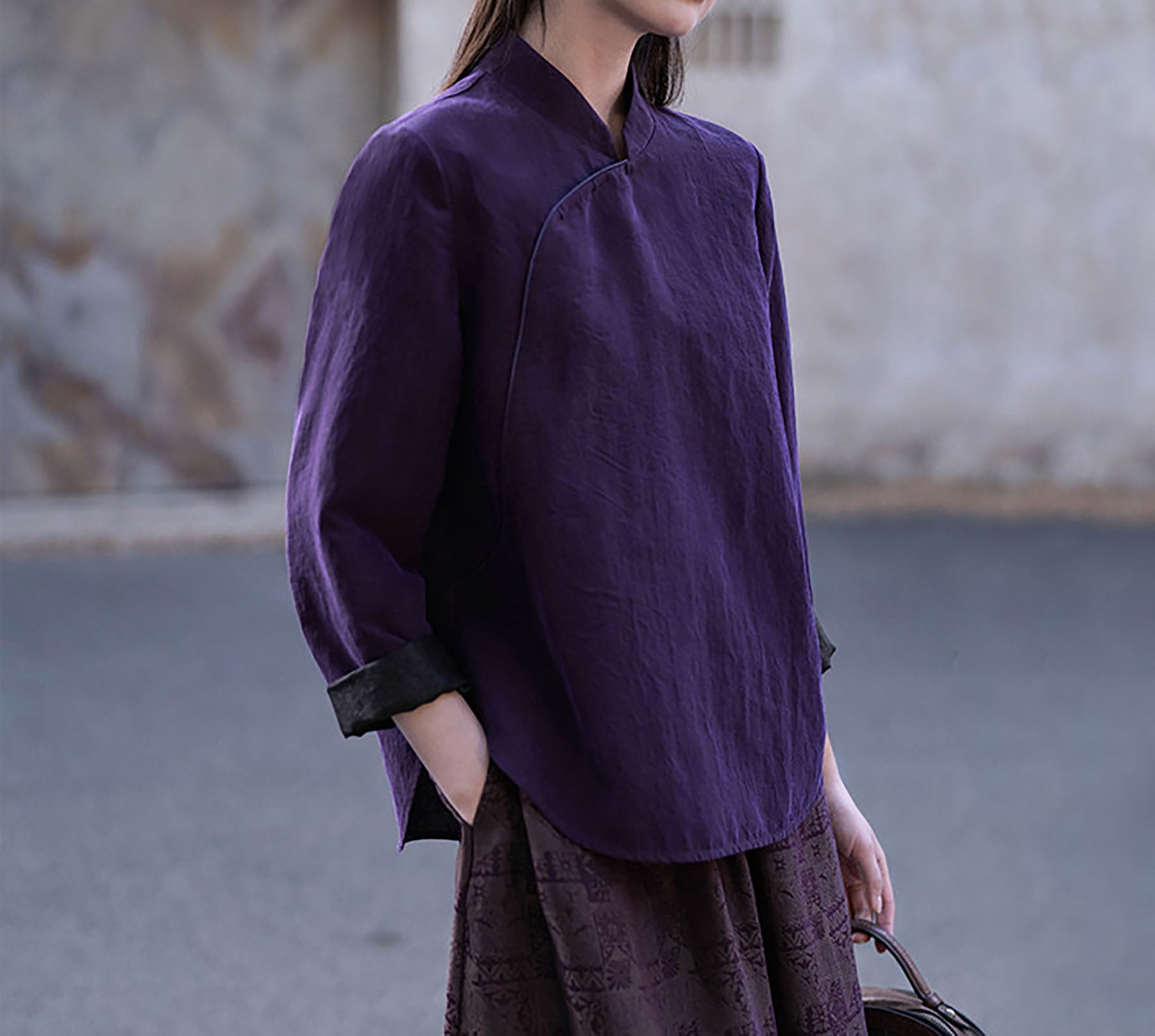 edoa Purple Cracked Mud Silk Cheongsam Top