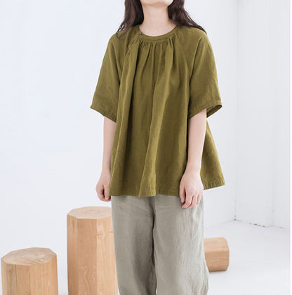 edoa Summer Linen Gathered Neck Blouse