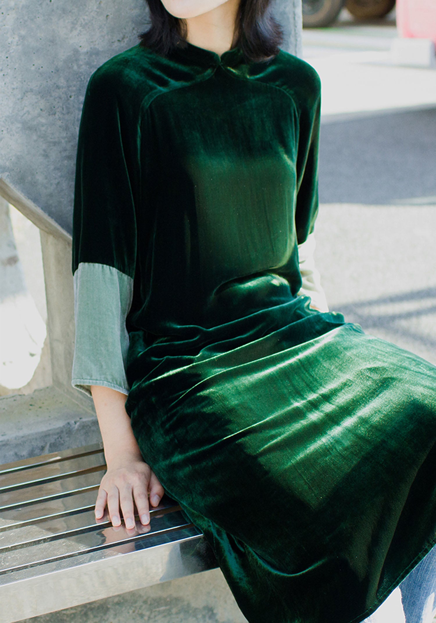 edoa Two Tone Silk Velvet Modified Qipao