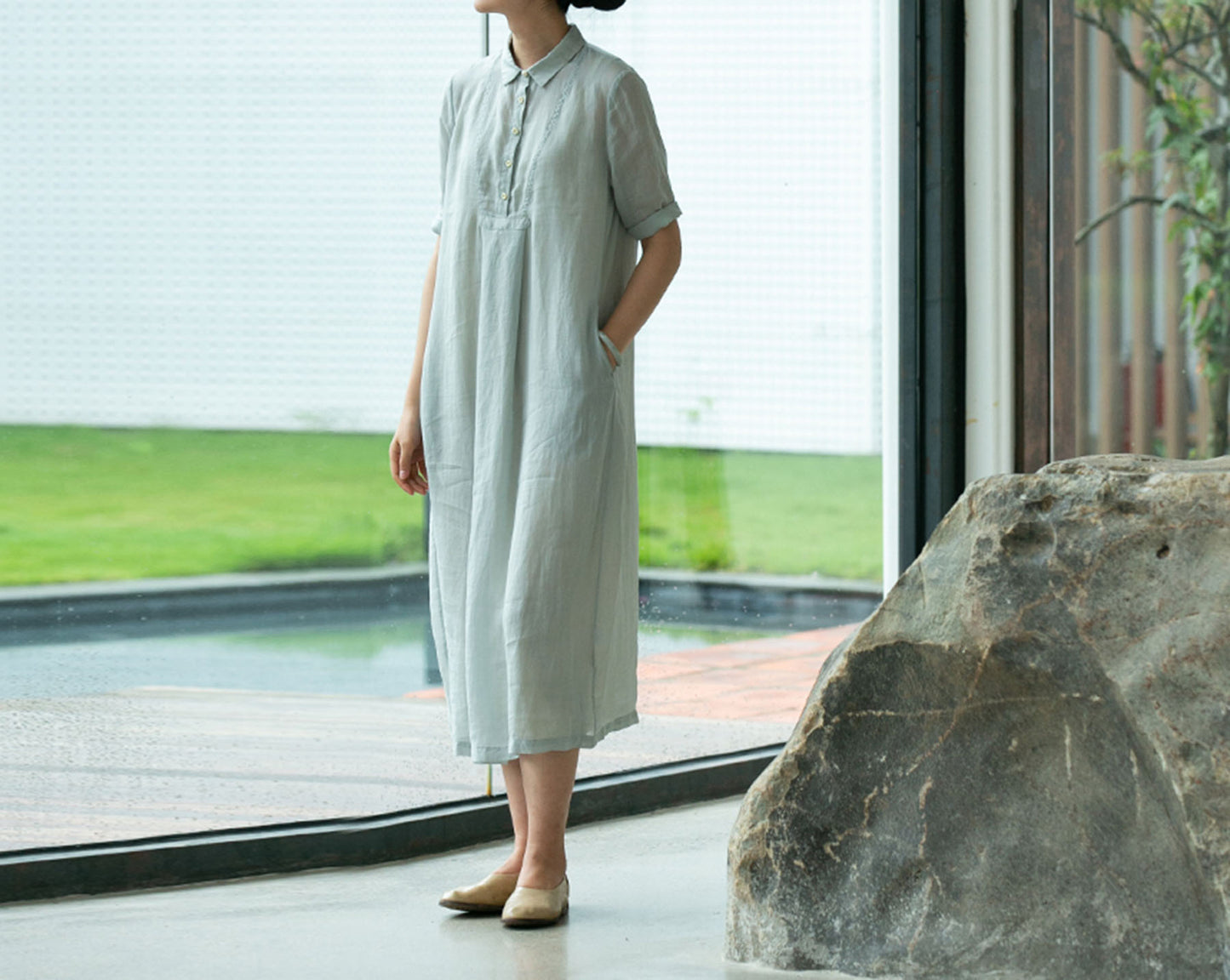 edoa High Counted Ramie A-line Shirt Dress 