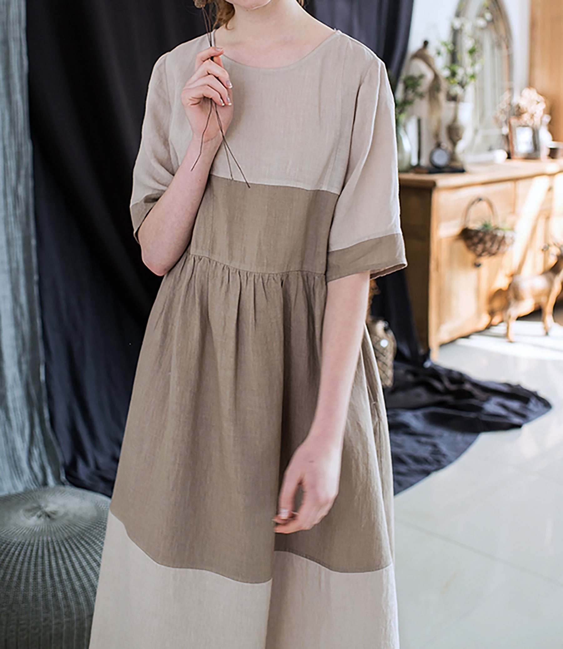 edoa Nordic Forest Series Linen Earth Tone Patchwork Half-Sleeve Dress