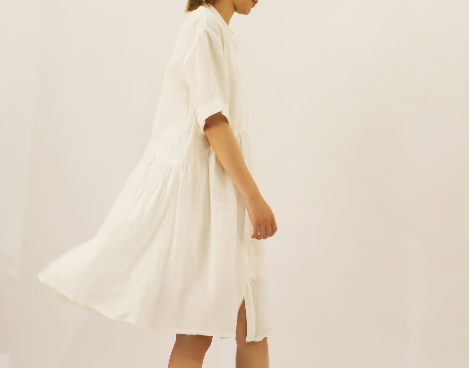 edoa Stand Collar Washed Linen Shirt Dress