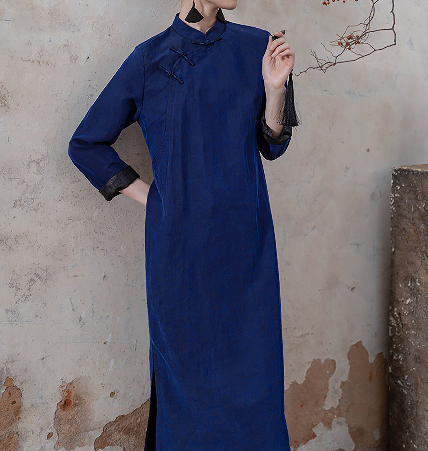 edoa Blue Mud Silk Modern Cheongsaam Dress