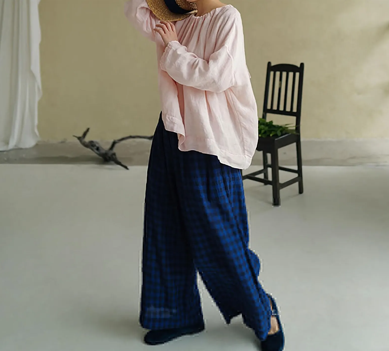 edoa Pink High Counted Linen Gather Blouse