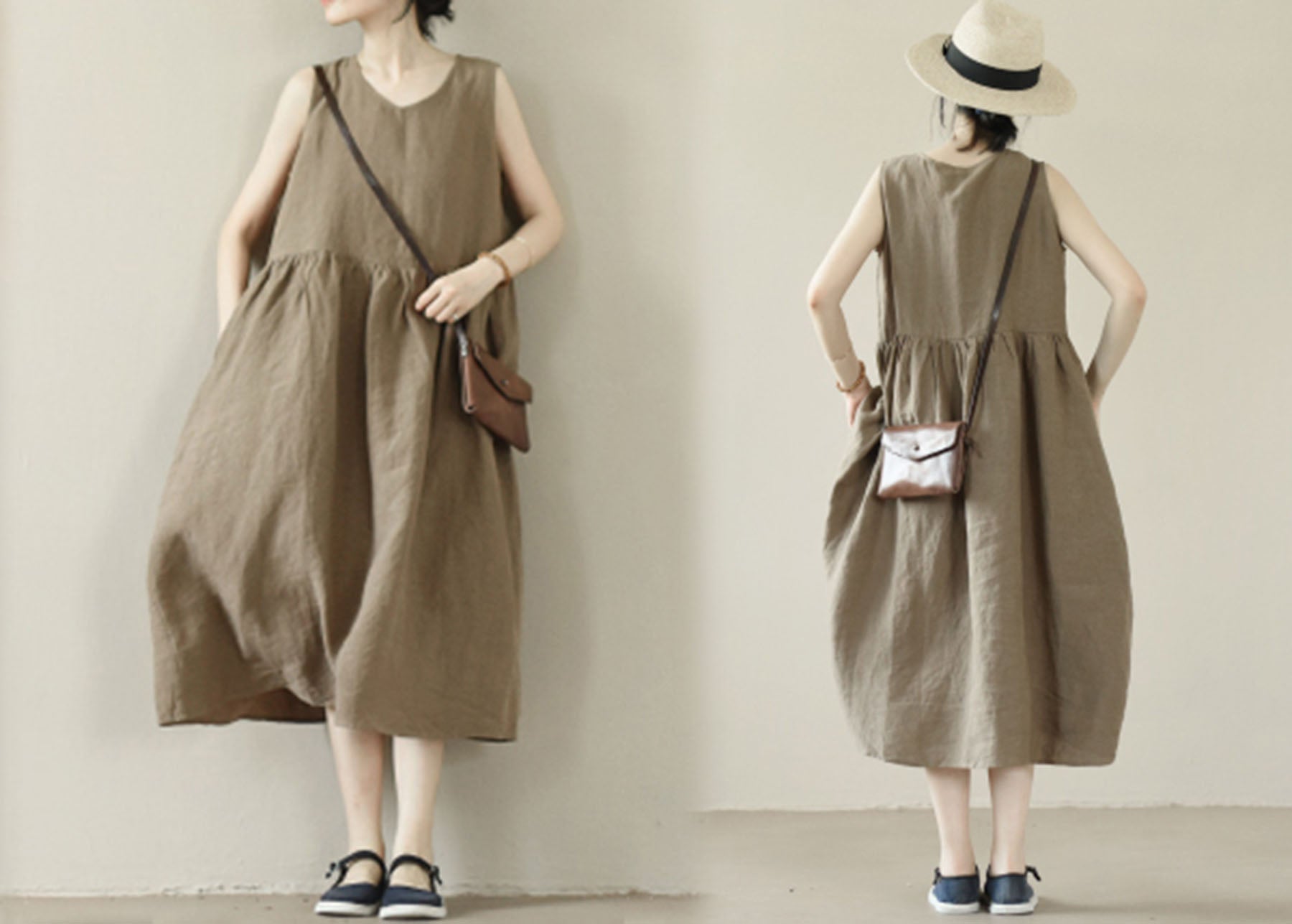edoa Brown V-neckline High Waist Linen Sleeveless Dress