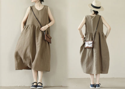 edoa Brown V-neckline High Waist Linen Sleeveless Dress