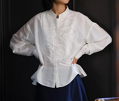 edoa White Dupioni Silk Asymmetric Pintuck Blouse