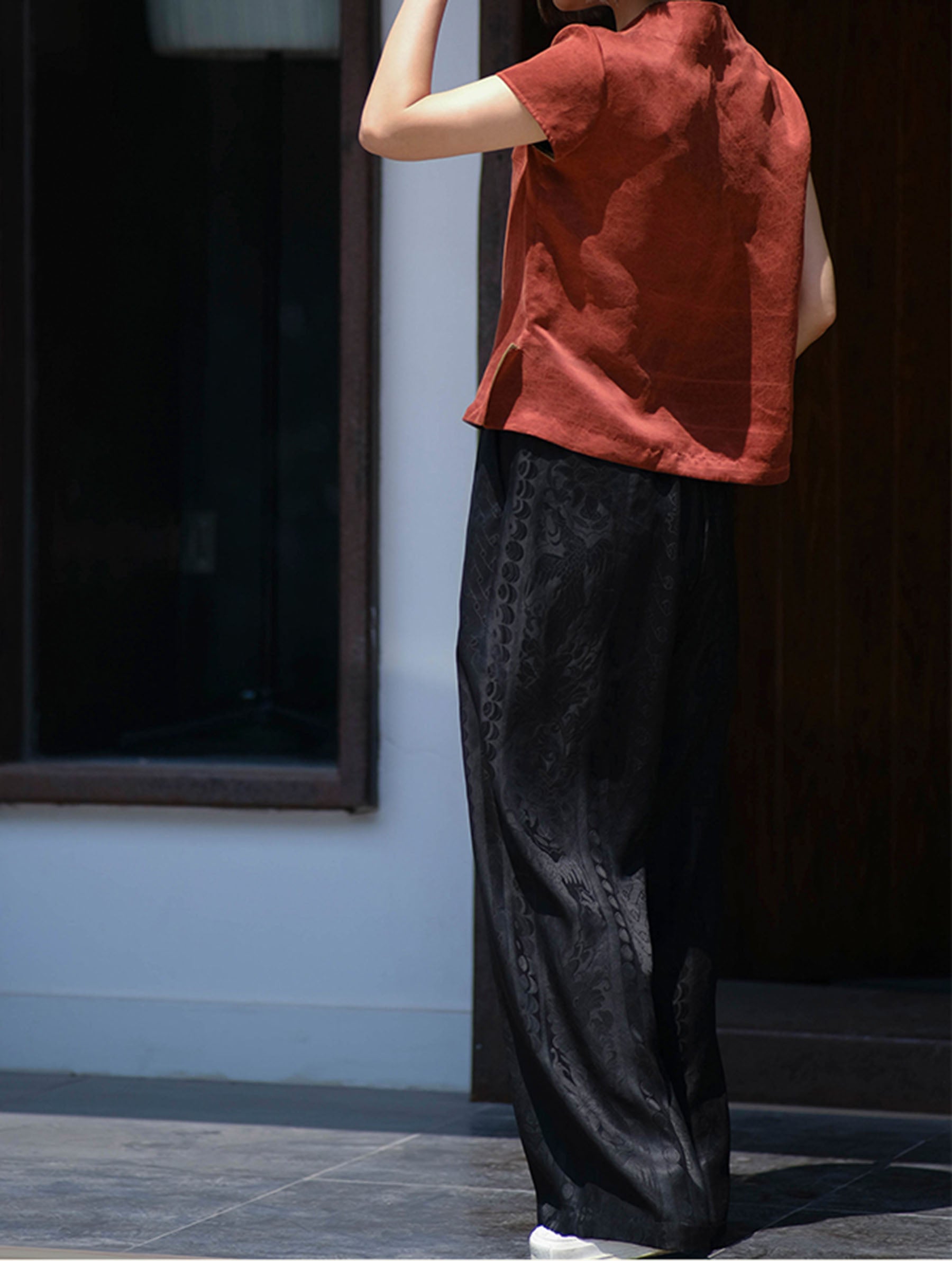 edoa Cracked Mud Silk Chinese Blouse with Wing Slits