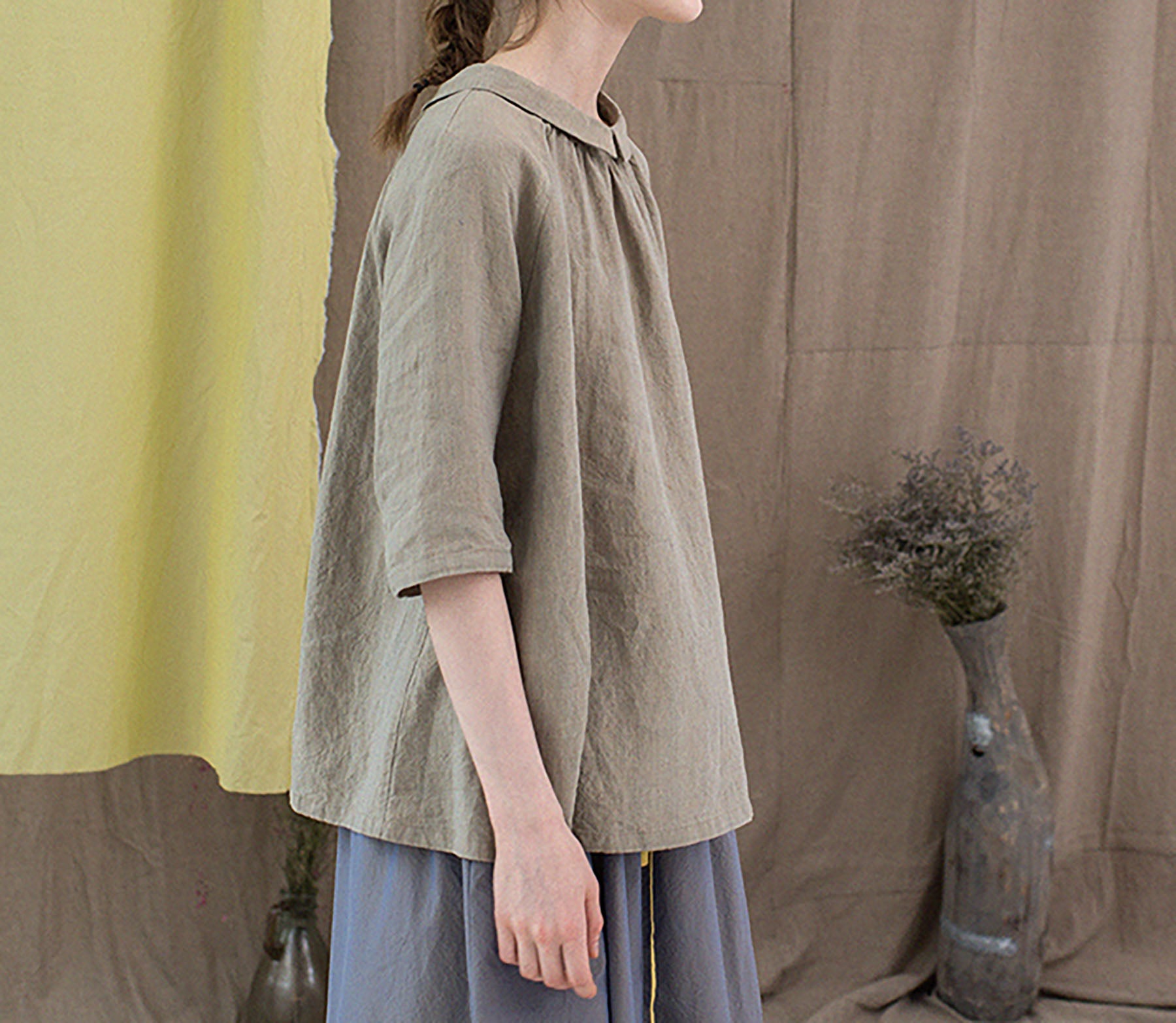 edoa Revesible Yarn dyed French Linen Peterpan Collar Blouse with Gather Neck