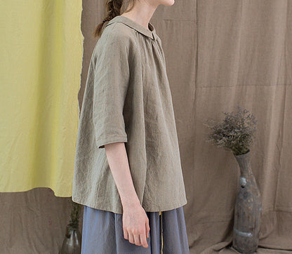 edoa Revesible Yarn dyed French Linen Peterpan Collar Blouse with Gather Neck
