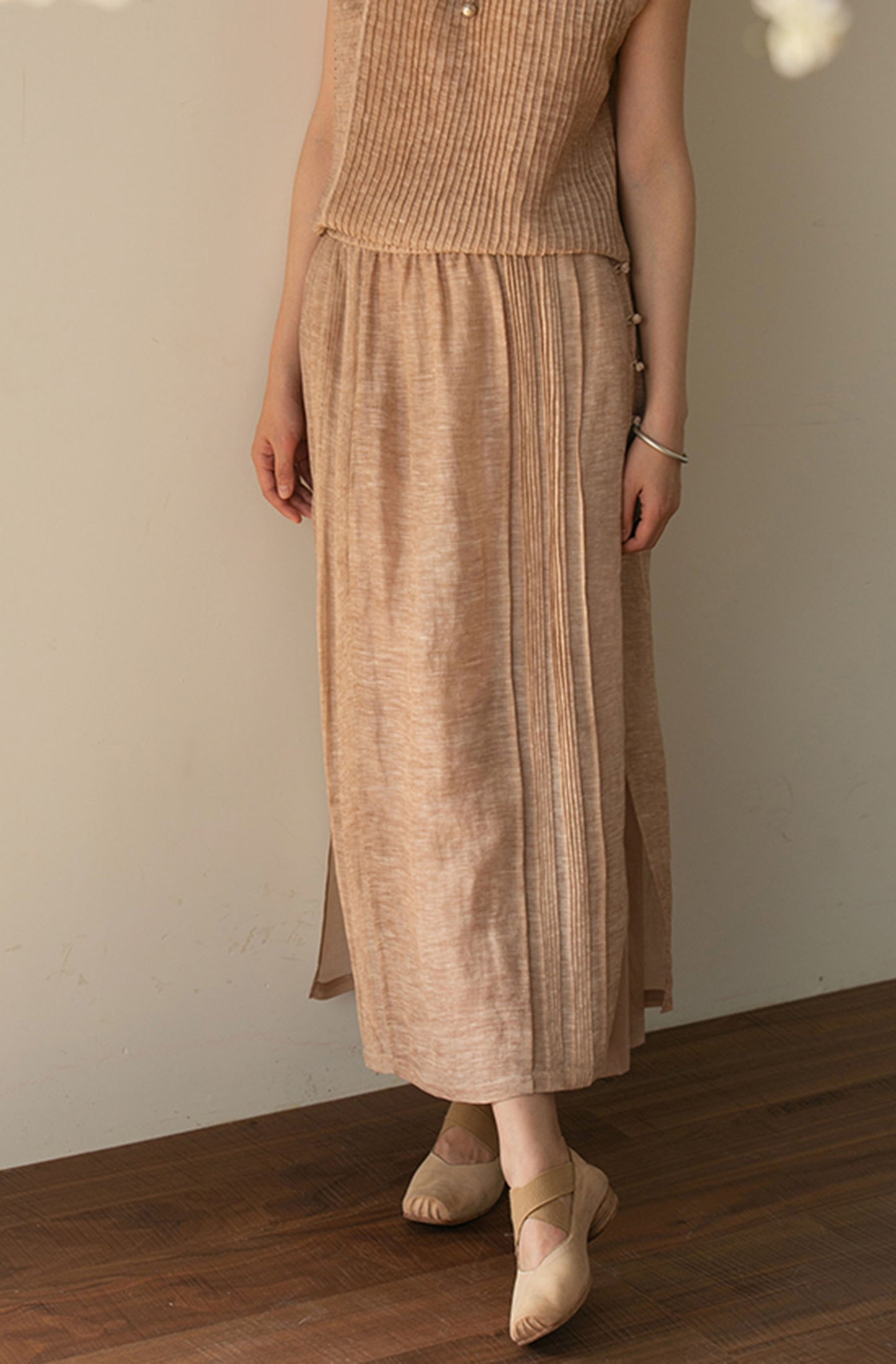 edoa Hand-pintucked Distressed Linen Rayon Blend Pen Skirt 