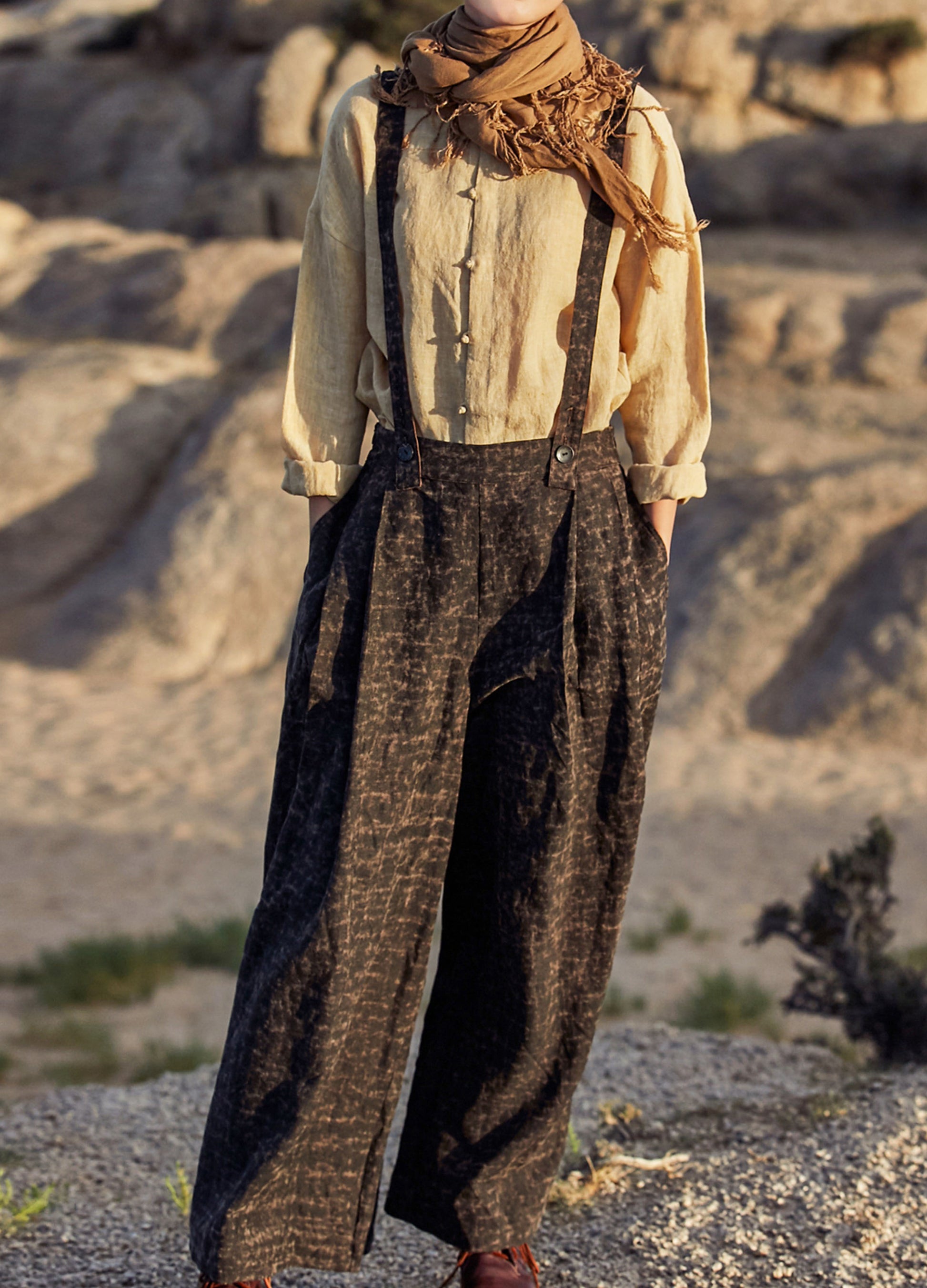 edoa Cracked Mud Silk Adjustable Suspender Pants 