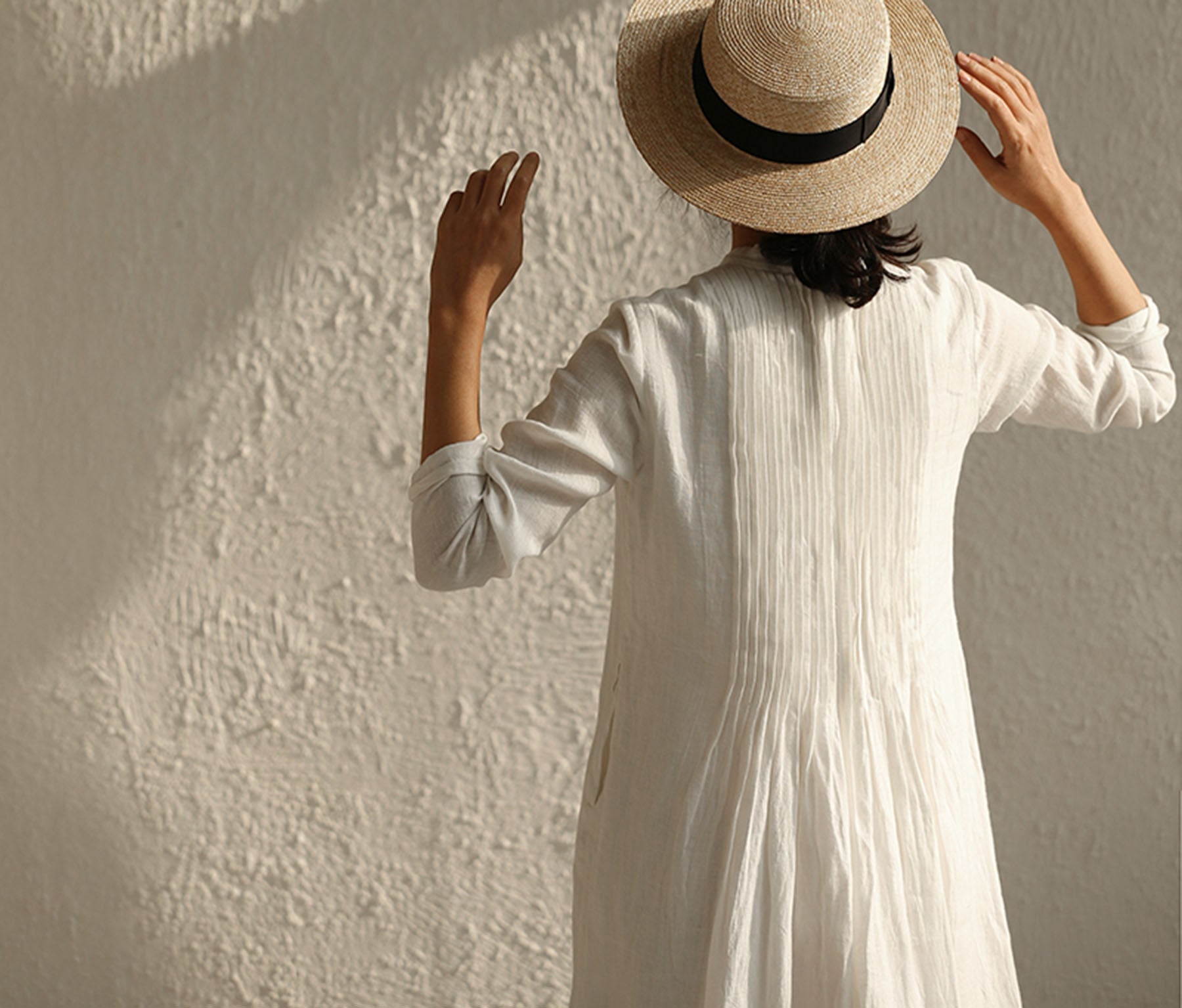 edoa Pintucked Ribbon Collar Distressed Crinkled Linen Dress