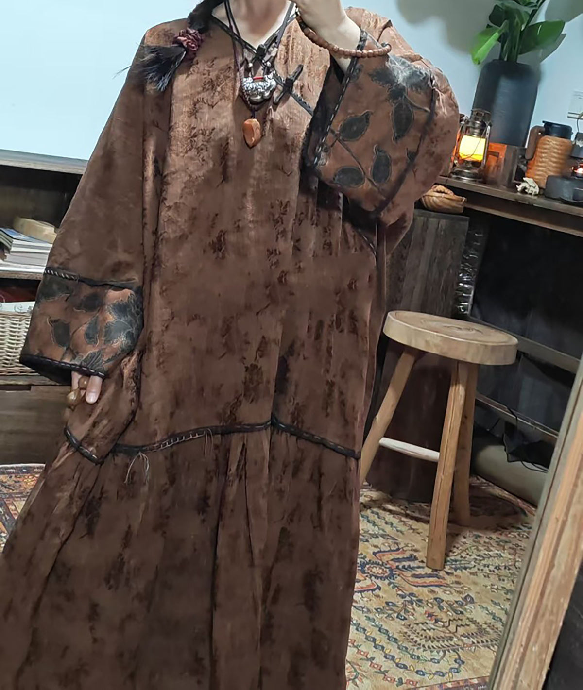 edoa Mud Dyed Silk Linen Blend Jacquard Ruffled Hem Qipao Dress