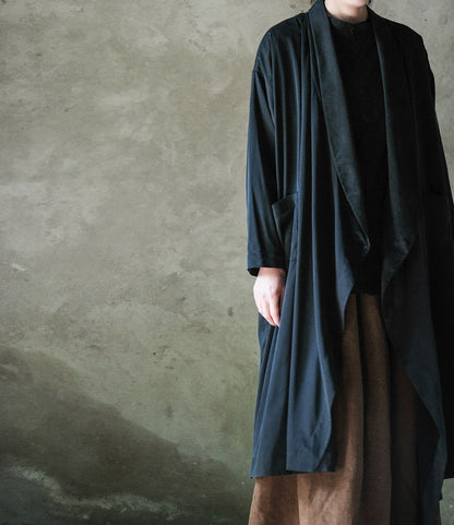 edoa Black Stone Washed Silk Charmeuse Shawl Collar Coat