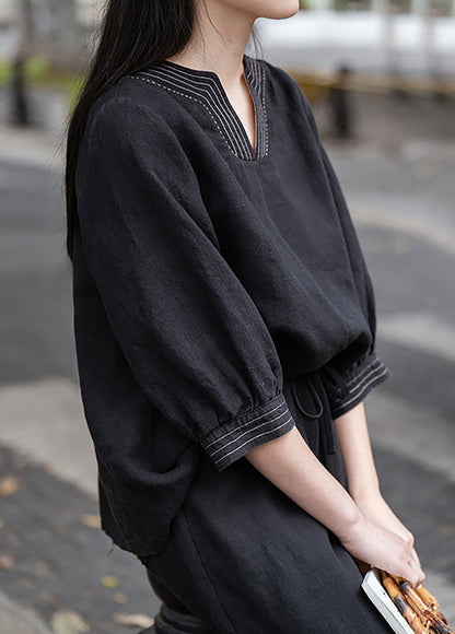 edoa Black Linen V-neck Pullover Top
